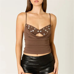 Beaded Embellishment Spaghetti Strap Cowl Neck Cutout Top