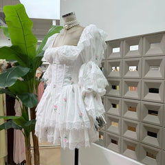 White Square Collar Puff Long Sleeve Lace Trim Floral Embroidered Mini Dress