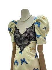 Yellow Butterfly Print Puff Sleeve Lace Trim Mini Dress
