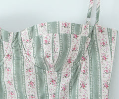 Green Striped Floral Print Corset Style Midi Dress - Sweet Fit & Flare