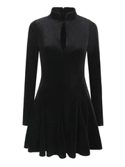 Black Velvet Stand Collar Long Sleeve Mini Dress