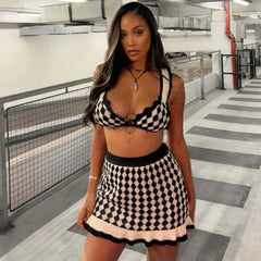 Checkered Knit Bralette And Mini Skirt Set