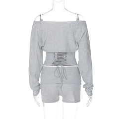 Grey Off Shoulder Puff Crop Top and Shorts Set