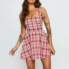 Red Plaid Print Bodice Tank Mini Dress