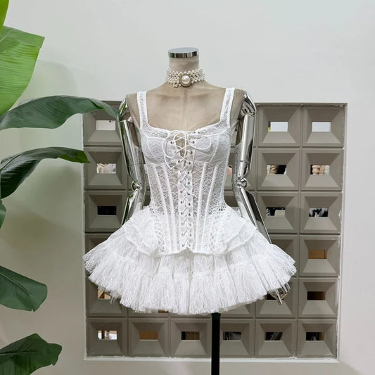 Lace Tie Fishbone Corset Top And Tulle Mini Skirt Set