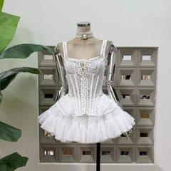 Lace Tie Fishbone Corset Top And Tulle Mini Skirt Set