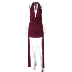 Halter Deep V Neck Teardrop Crystals Draped Mini Dress