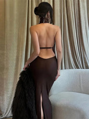 Halter Hollow Out Backless Satin Maxi Dress