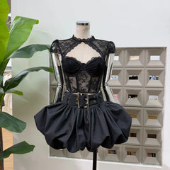 Lace Sheer Corset Crop Top And Wide Belt Bubble Hem Skirt Set