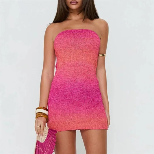 Pink Gradient Knit Strapless Mini Dress