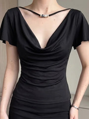 Black Draped Neckline T-Shirt