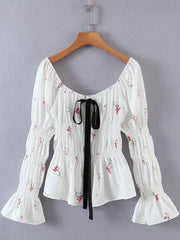 Bow Tie Floral Print Long Sleeve Ruched Blouse