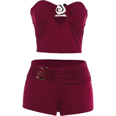 Burgundy Metal Buckle Tube Top And Shorts Set