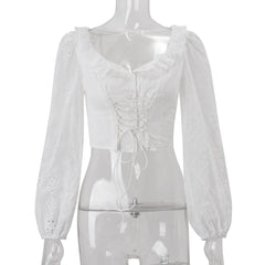 White Lace Up Tie Front Lantern Sleeve Top