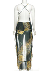 Green Printed Cross Straps Tops And Ruffles Irregular Hem Skirts Set