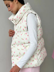 Floral Open Stitch Printed Puffer Vest