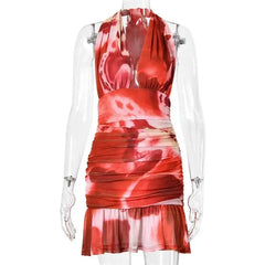 Printed Deep Halter Ruched Pleated Hem Mini Dress