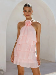 3D Flowers Ruffled Halter Tiered Mini Dress