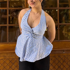 Gingham Halter Neck Twist Front Peplum Top