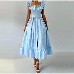 Ruffles Striped Square Collar Buttoned Long Dress
