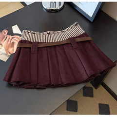 Patchwork Corduroy Pleated Mini Skirt with Belt