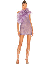 Purple One Shoulder Sequin Feather Mini Dress