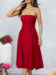 Strapless Solid Flare Red Midi Dress