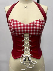 Red Plaid Lace Up Halter Corset Top