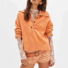 Knit Solid Long Sleeve Lapel Button Down Pullover