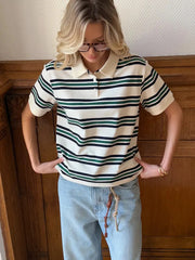Retro Striped Short Sleeve Polo Neck T-shirt