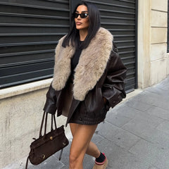 Faux Fur PLush Collar Pu Leather Jacket