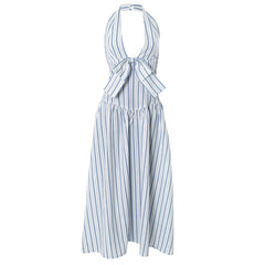 Blue Stripe Deep Halter Maxi Dress