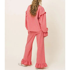 Red Plaid Bow-Tied Top with Ruffled Flare Long Pants Set