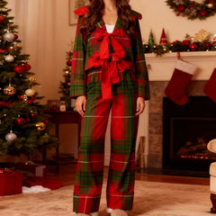 Plaid Bow Tie Shirt and Pants Lounge Set