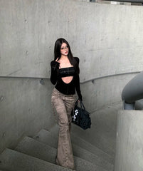 Black Long Sleeve Cut Out Drape Halter Top - Y2K Skinny Fit