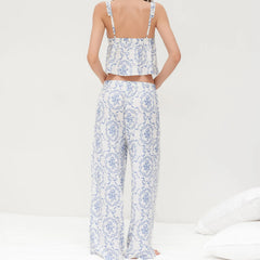 Blue Flower Print V-neck Camisole with Pants Sleepwear Set