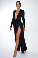 Black Deep V Neck Long Sleeve Maxi Dress
