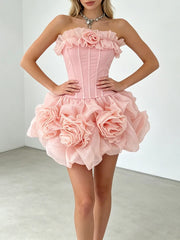 Strapless Patchwork Floral Ruffle Mini Dress
