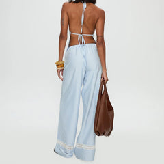 Blue Stripe Print Halter Cowl Neck Top And Pants Set