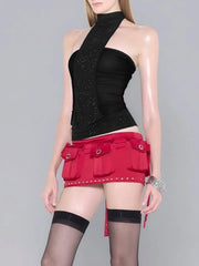 Black and Beige High Neck Sleeveless Sequin Tank Top - Backless Style