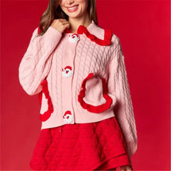 Pink Satin Button Ruffle Pocket Cardigan