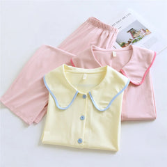 Cotton Doll Collar Shirt And Pants Pajama Sets