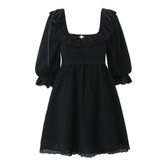 Lace Ruffles Square Collar Lantern Sleeve Mini Dress