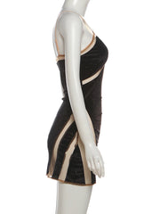 See Through Patchwork Low Neck Sleeveless Mini Dress