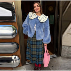 Ruffled Peter Pan Collar Fur Coat