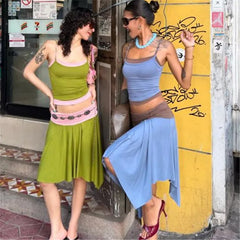 Blue Layered Cami Tank Top And Asymmetrical Hem Midi Skirt Set