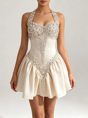 Diamond Beaded Tie-Up Neck A-Line Mini Dress