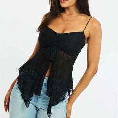 Sweetheart Neck Bow Front Spaghetti Strap Sheer Top