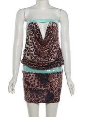 Strapless Leopard Print Sequin Patchwork Mini Dress