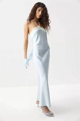 Satin Halter Lace Trim Maxi Dress